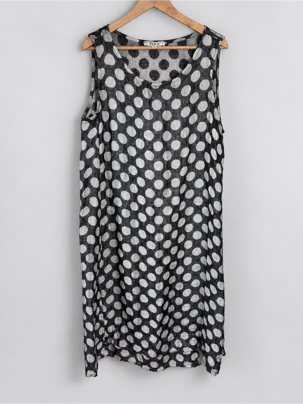 FLAX Linen Dress Women’s Medium 100% Linen Black Gray Polka Dot Sleeveless Shift